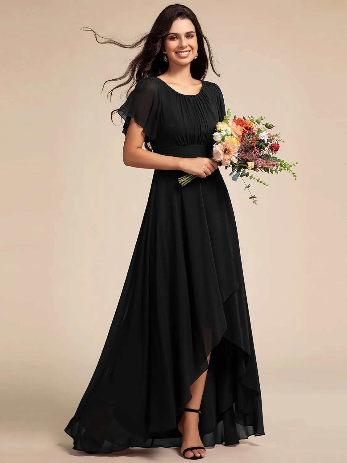 Ever-Pretty Women's Crew Neck Short Sleeves Elastic Waist Slit Flowy A Line Hi-Lo Wedding Guest Dress 02213