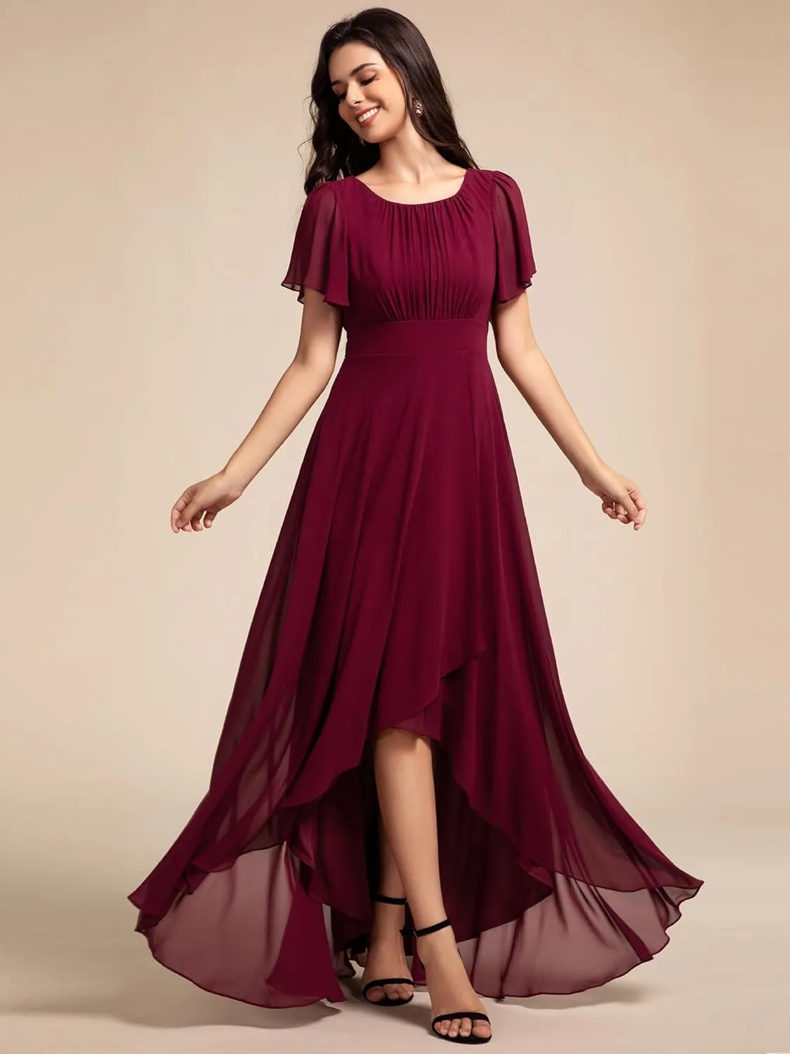 Ever-Pretty Women's Crew Neck Short Sleeves Elastic Waist Slit Flowy A Line Hi-Lo Wedding Guest Dress 02213
