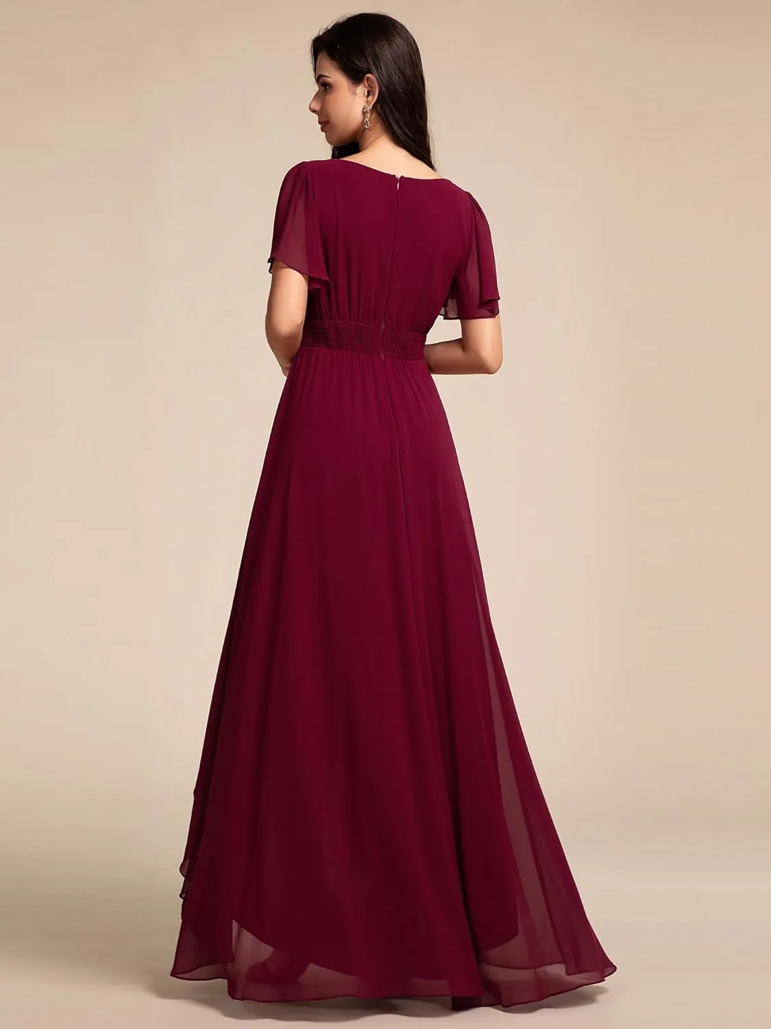 Ever-Pretty Women's Crew Neck Short Sleeves Elastic Waist Slit Flowy A Line Hi-Lo Wedding Guest Dress 02213