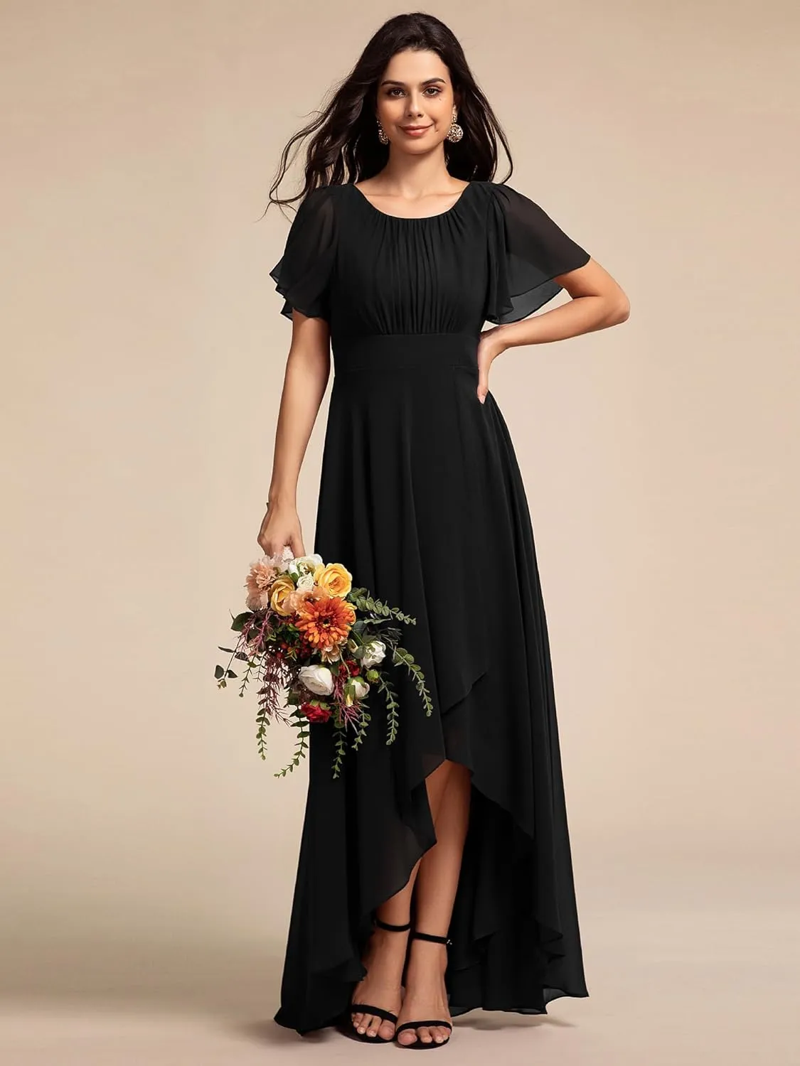 Ever-Pretty Women's Crew Neck Short Sleeves Elastic Waist Slit Flowy A Line Hi-Lo Wedding Guest Dress 02213