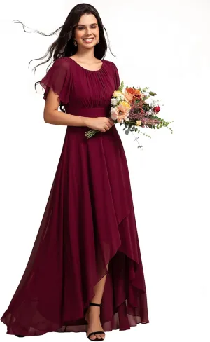 Ever-Pretty Women's Crew Neck Short Sleeves Elastic Waist Slit Flowy A Line Hi-Lo Wedding Guest Dress 02213
