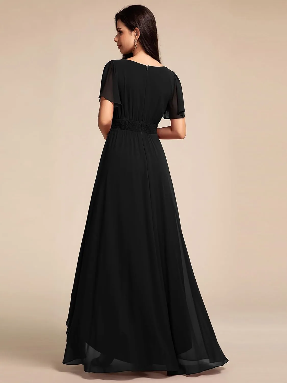 Ever-Pretty Women's Crew Neck Short Sleeves Elastic Waist Slit Flowy A Line Hi-Lo Wedding Guest Dress 02213