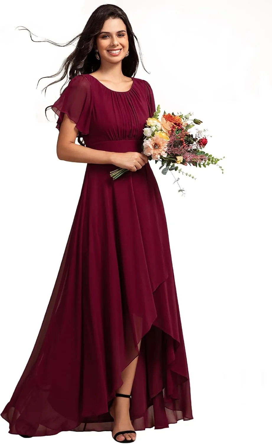 Ever-Pretty Women's Crew Neck Short Sleeves Elastic Waist Slit Flowy A Line Hi-Lo Wedding Guest Dress 02213