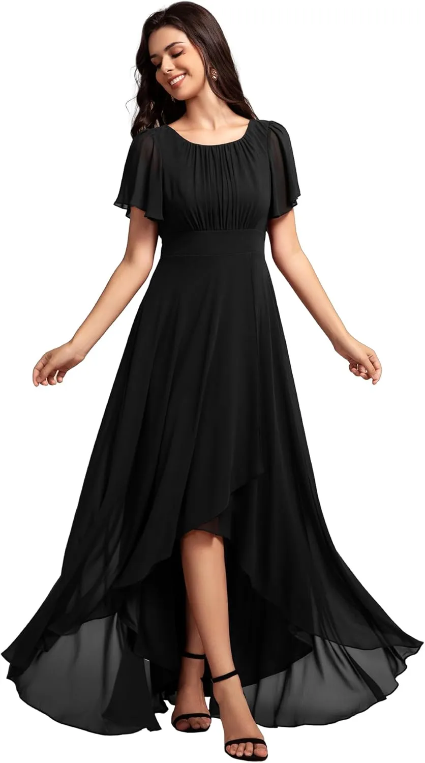 Ever-Pretty Women's Crew Neck Short Sleeves Elastic Waist Slit Flowy A Line Hi-Lo Wedding Guest Dress 02213