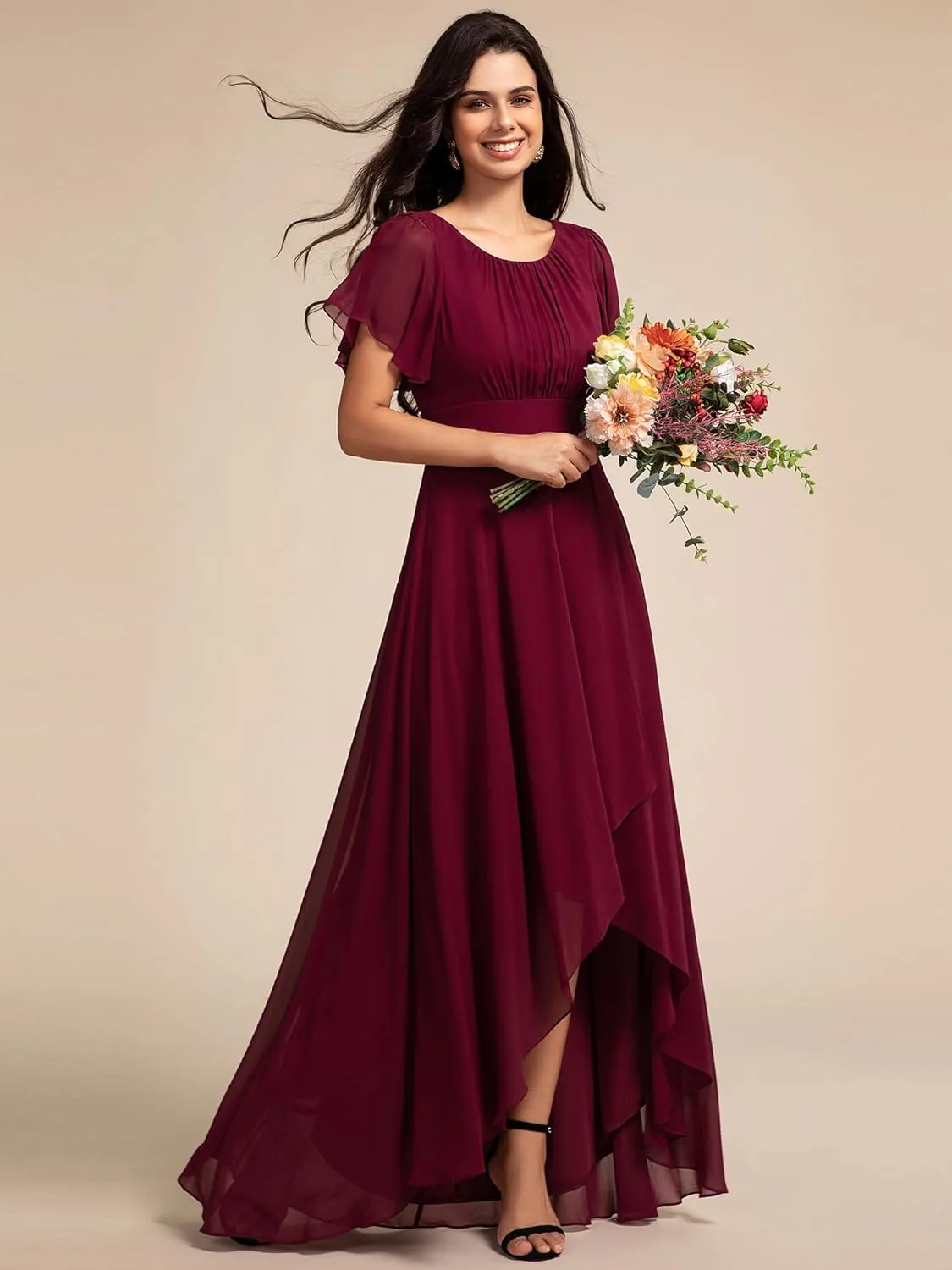 Ever-Pretty Women's Crew Neck Short Sleeves Elastic Waist Slit Flowy A Line Hi-Lo Wedding Guest Dress 02213
