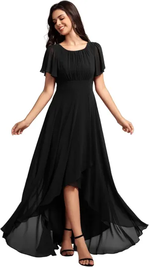Ever-Pretty Women's Crew Neck Short Sleeves Elastic Waist Slit Flowy A Line Hi-Lo Wedding Guest Dress 02213