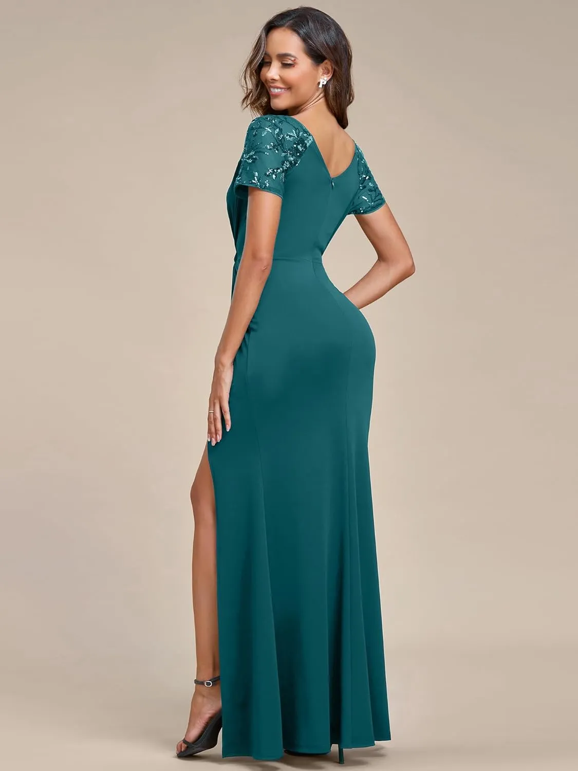 Ever-Pretty Women's Deep V-Neck Applique Ruffle Sleeves Side Slit Pleated Long Formal Dresses 01669
