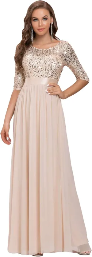 Ever-Pretty Women's Elegant A Line Crew Neck Half Sleeve Sequin Maxi Evening Dress 00683