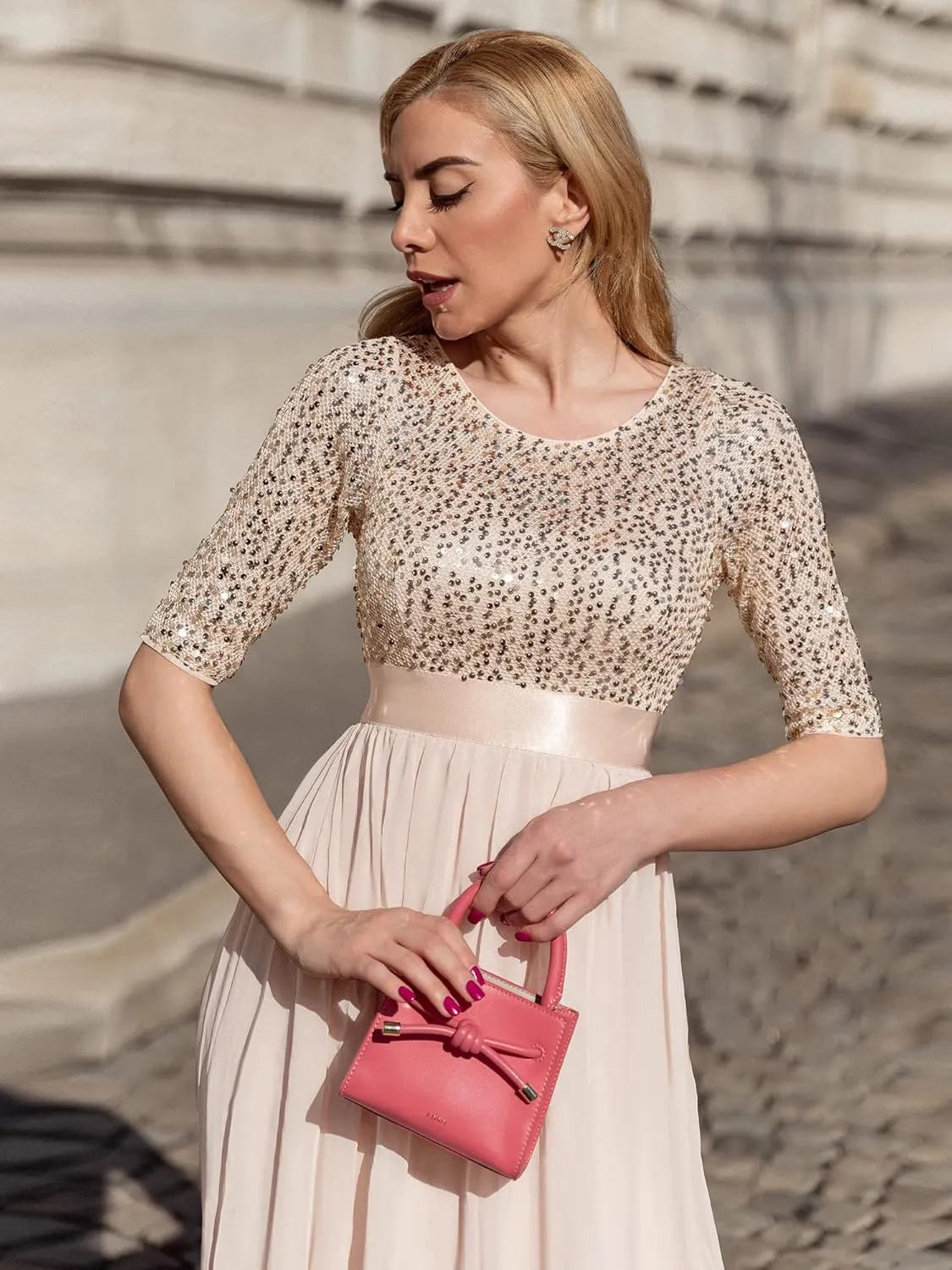 Ever-Pretty Women's Elegant A Line Crew Neck Half Sleeve Sequin Maxi Evening Dress 00683