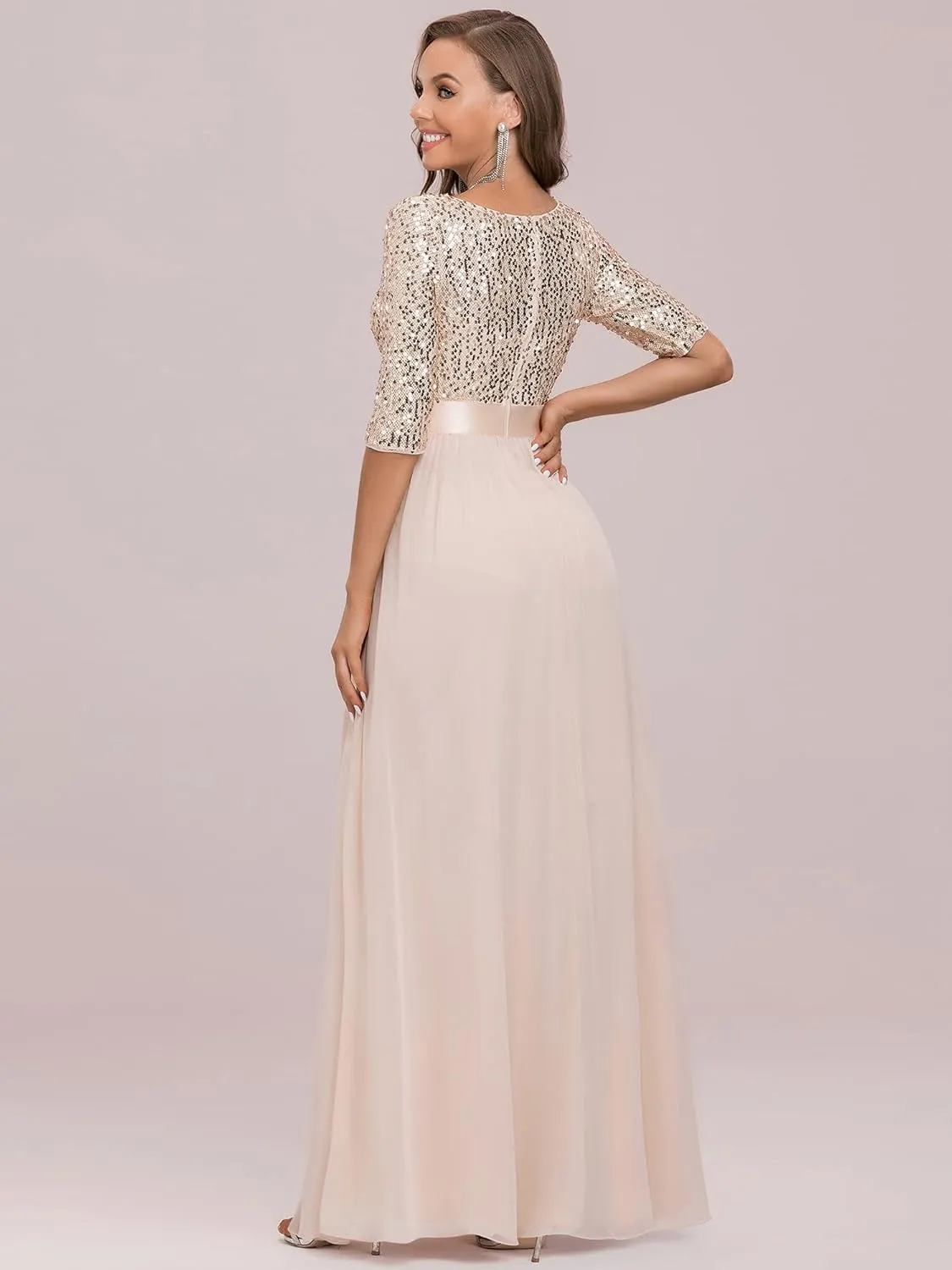 Ever-Pretty Women's Elegant A Line Crew Neck Half Sleeve Sequin Maxi Evening Dress 00683