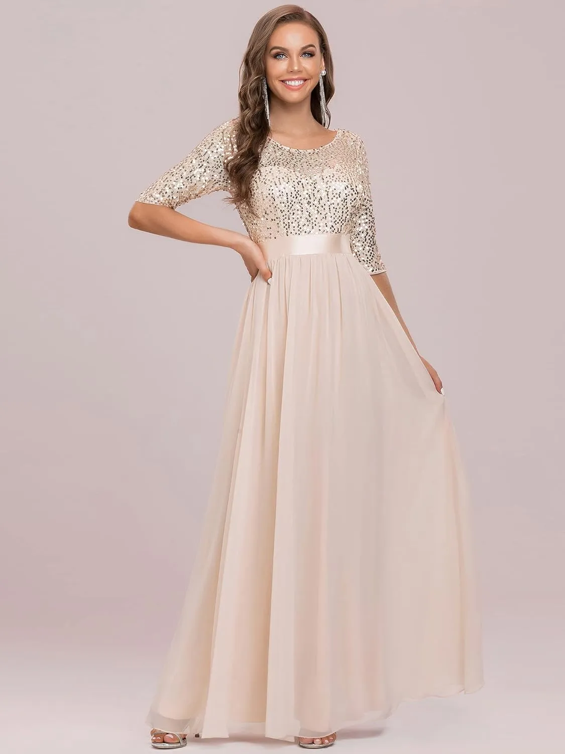 Ever-Pretty Women's Elegant A Line Crew Neck Half Sleeve Sequin Maxi Evening Dress 00683