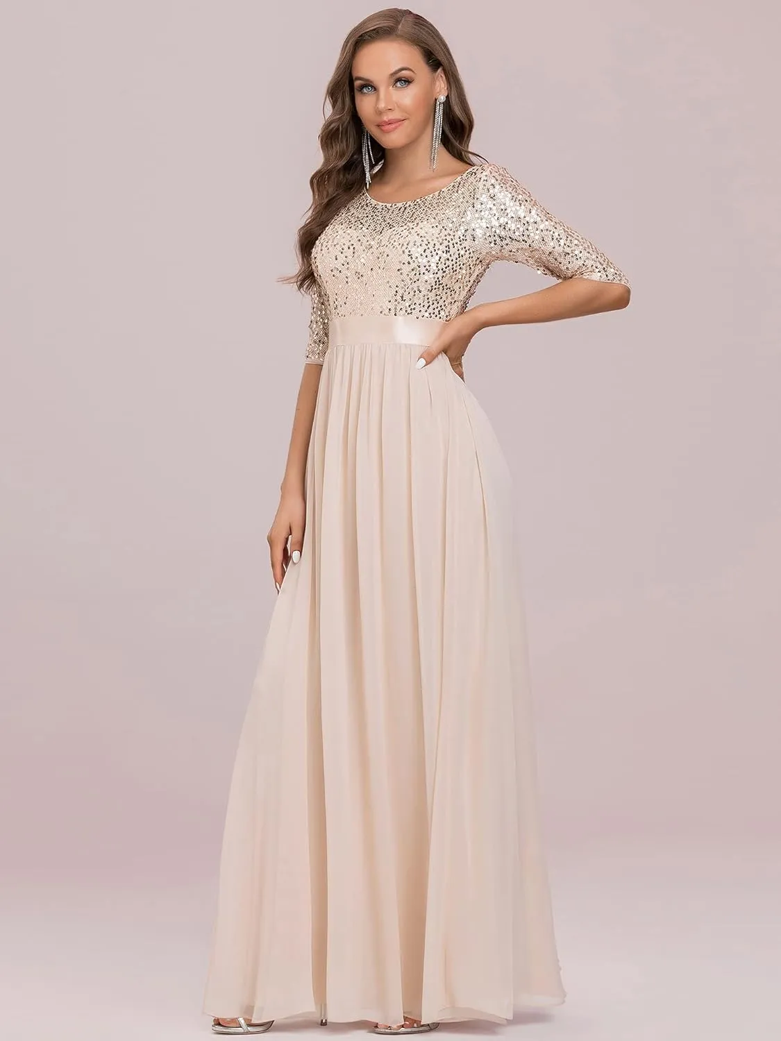 Ever-Pretty Women's Elegant A Line Crew Neck Half Sleeve Sequin Maxi Evening Dress 00683