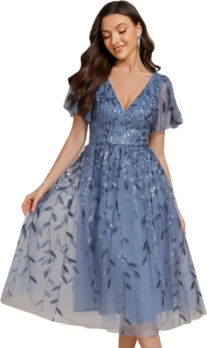 Ever-Pretty Women's Elegant A Line Embroidery Tulle Sequins Short Sleeves Midi Wedding Guest Dress 02230