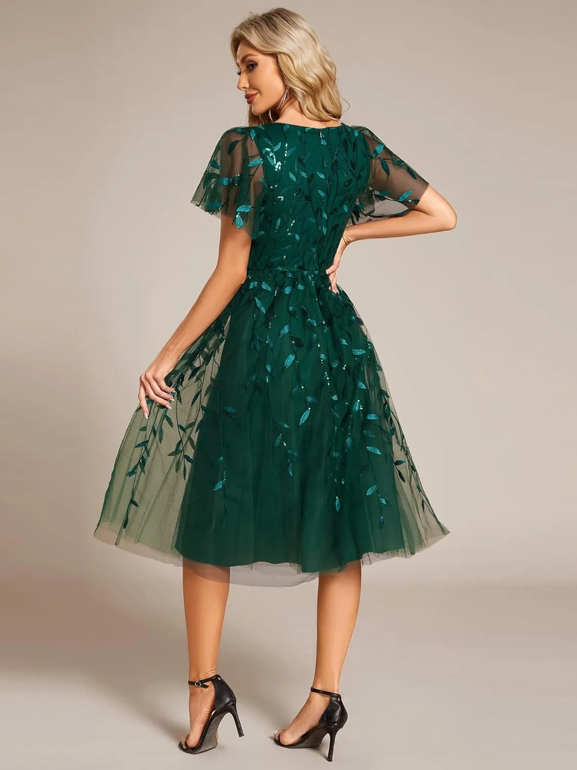 Ever-Pretty Women's Elegant A Line Embroidery Tulle Sequins Short Sleeves Midi Wedding Guest Dress 02230