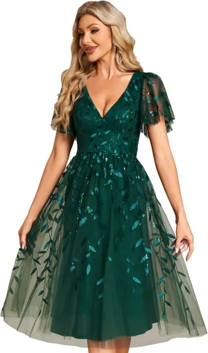 Ever-Pretty Women's Elegant A Line Embroidery Tulle Sequins Short Sleeves Midi Wedding Guest Dress 02230