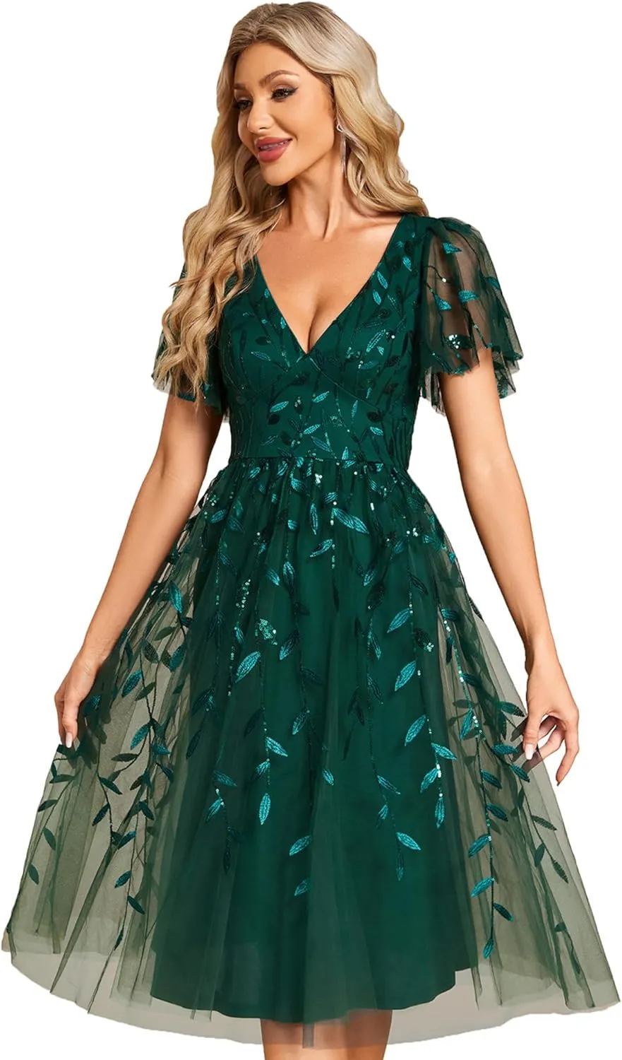 Ever-Pretty Women's Elegant A Line Embroidery Tulle Sequins Short Sleeves Midi Wedding Guest Dress 02230