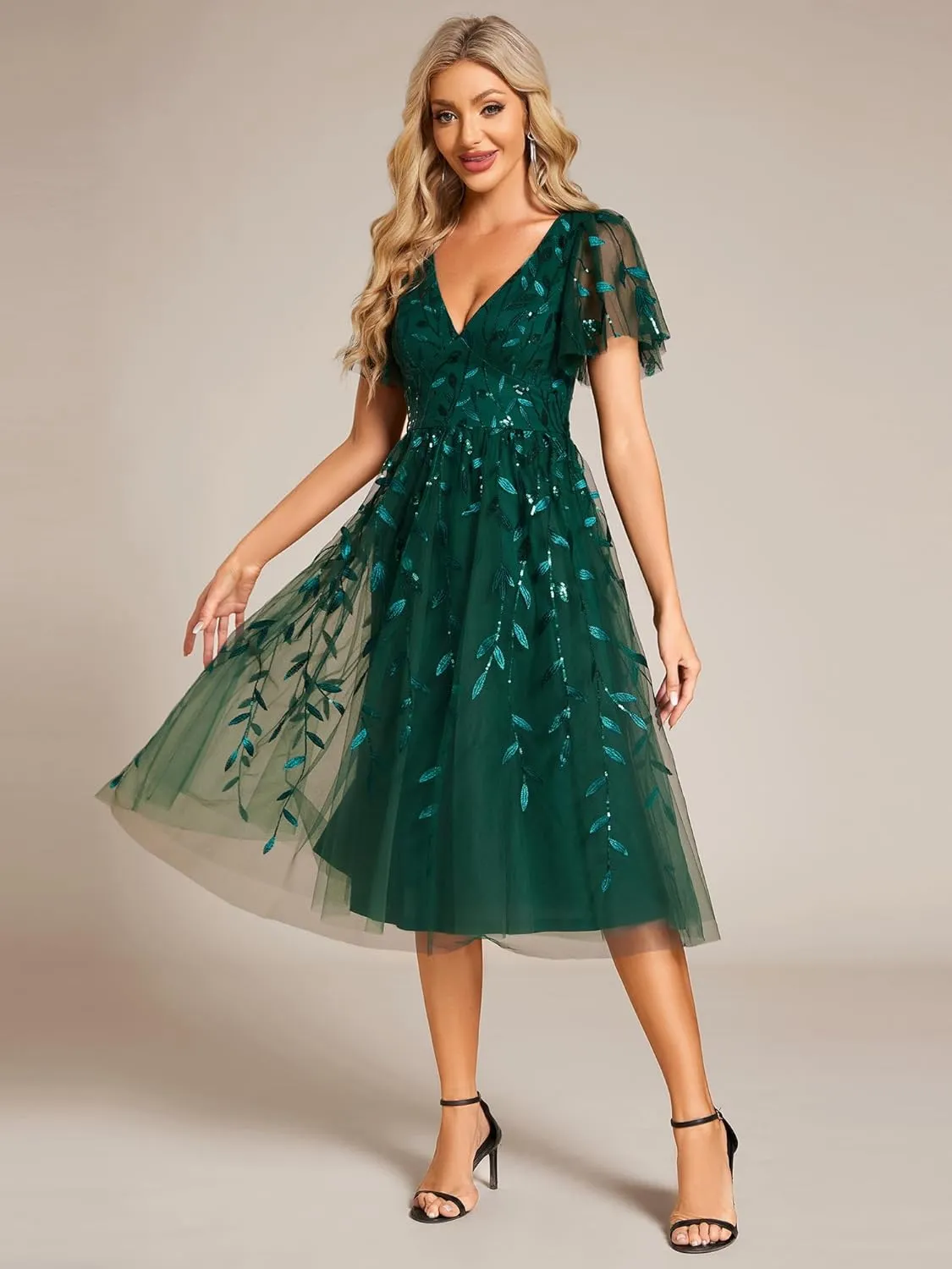 Ever-Pretty Women's Elegant A Line Embroidery Tulle Sequins Short Sleeves Midi Wedding Guest Dress 02230