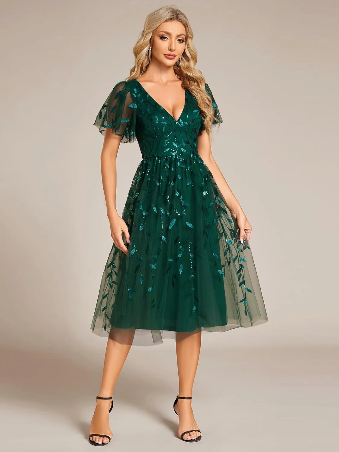 Ever-Pretty Women's Elegant A Line Embroidery Tulle Sequins Short Sleeves Midi Wedding Guest Dress 02230