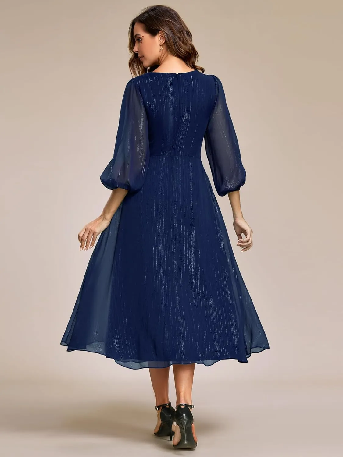 Ever-Pretty Women's Elegant A Line Ruched V Neck Long Sleeves Tea-Length Wedding Guest Dresses 01977