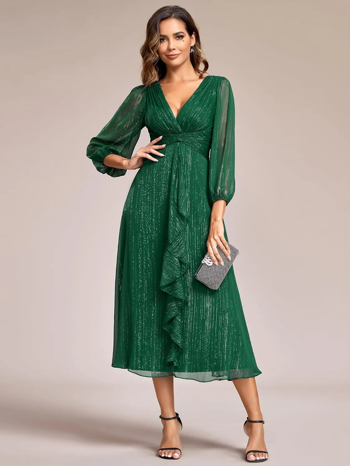 Ever-Pretty Women's Elegant A Line Ruched V Neck Long Sleeves Tea-Length Wedding Guest Dresses 01977