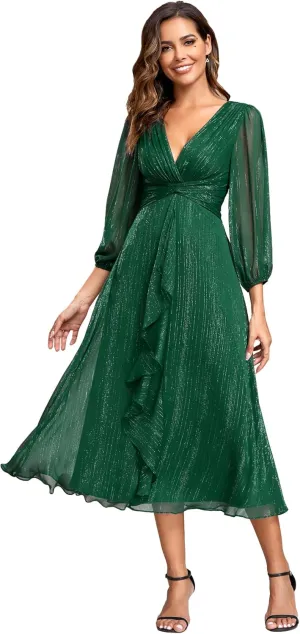 Ever-Pretty Women's Elegant A Line Ruched V Neck Long Sleeves Tea-Length Wedding Guest Dresses 01977