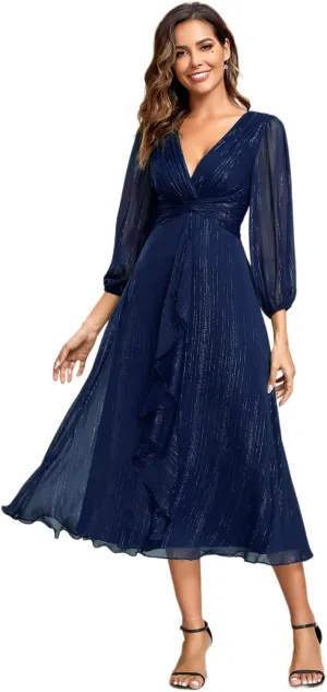 Ever-Pretty Women's Elegant A Line Ruched V Neck Long Sleeves Tea-Length Wedding Guest Dresses 01977