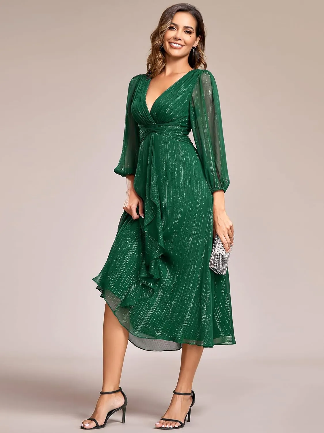Ever-Pretty Women's Elegant A Line Ruched V Neck Long Sleeves Tea-Length Wedding Guest Dresses 01977