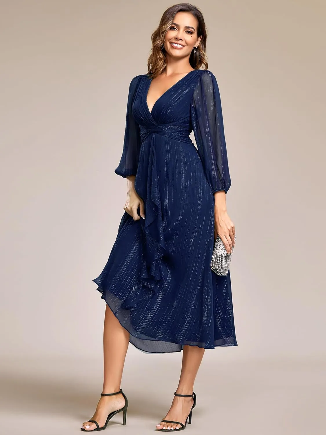 Ever-Pretty Women's Elegant A Line Ruched V Neck Long Sleeves Tea-Length Wedding Guest Dresses 01977