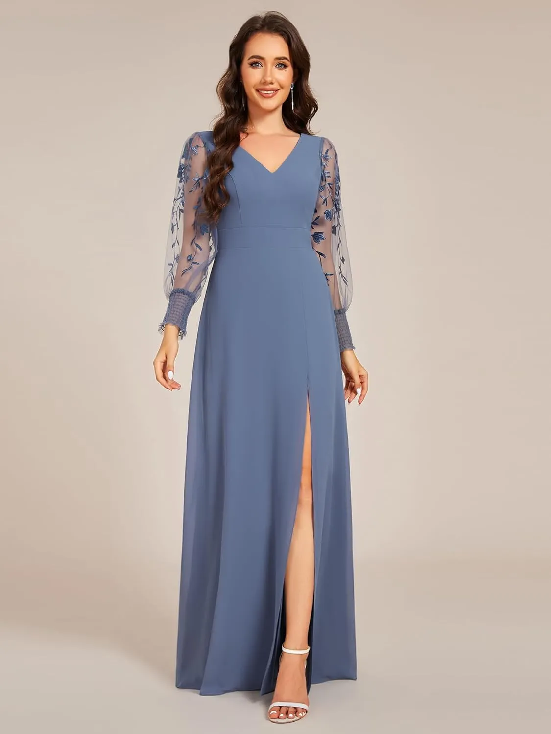 Ever-Pretty Women's Elegant V Neck Floral Sheer Long Sleeves Slit Chiffon Maxi Evening Dresses 02251