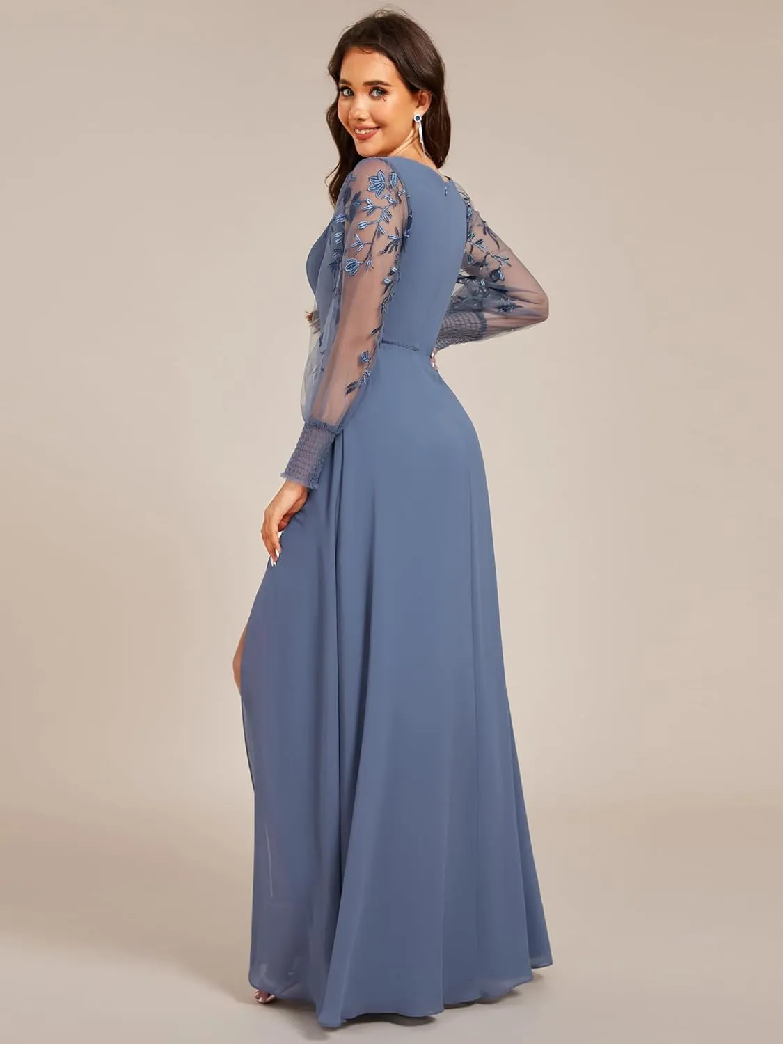 Ever-Pretty Women's Elegant V Neck Floral Sheer Long Sleeves Slit Chiffon Maxi Evening Dresses 02251