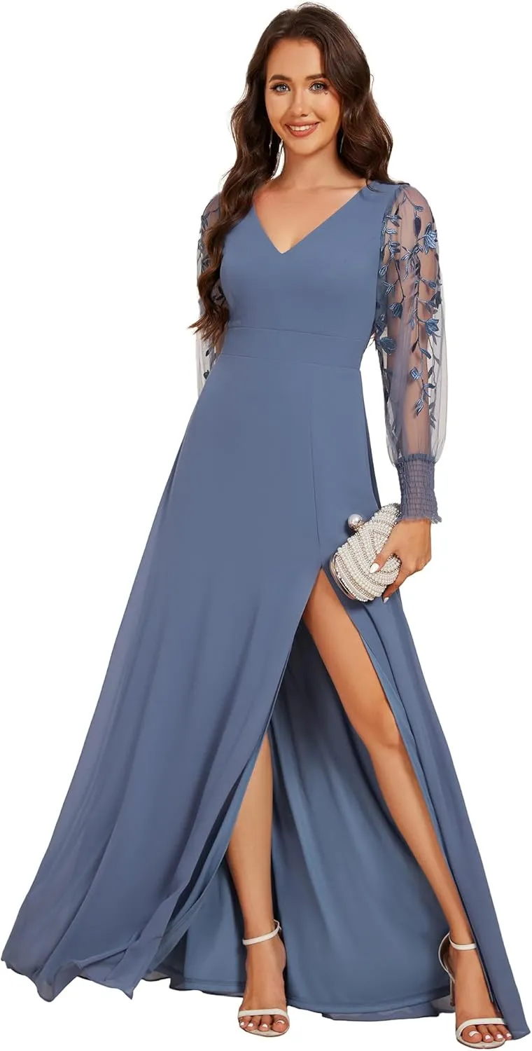 Ever-Pretty Women's Elegant V Neck Floral Sheer Long Sleeves Slit Chiffon Maxi Evening Dresses 02251