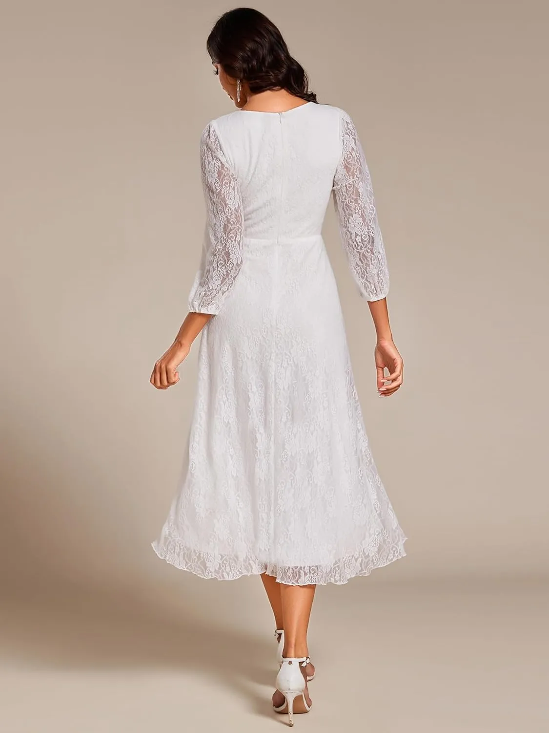 Ever-Pretty Women's Elegant V Neck Lace Long Sleeves A Line Ruffles Hem Midi Length Wedding Guest Dress 02238