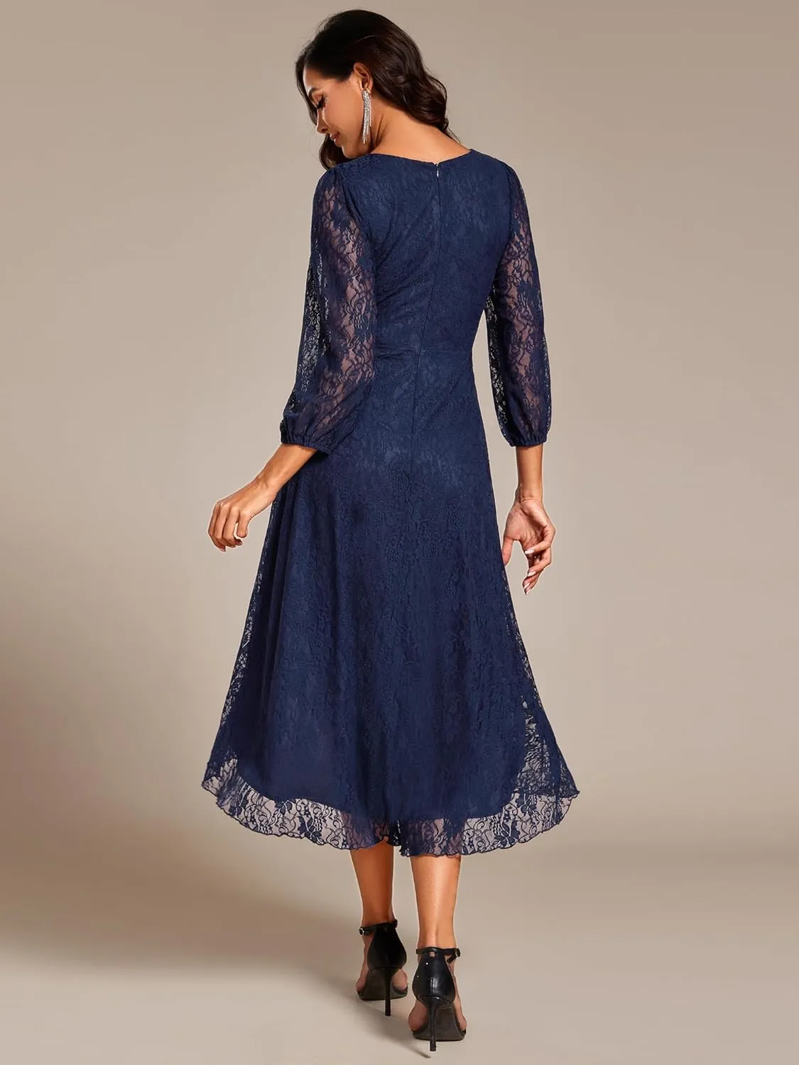 Ever-Pretty Women's Elegant V Neck Lace Long Sleeves A Line Ruffles Hem Midi Length Wedding Guest Dress 02238