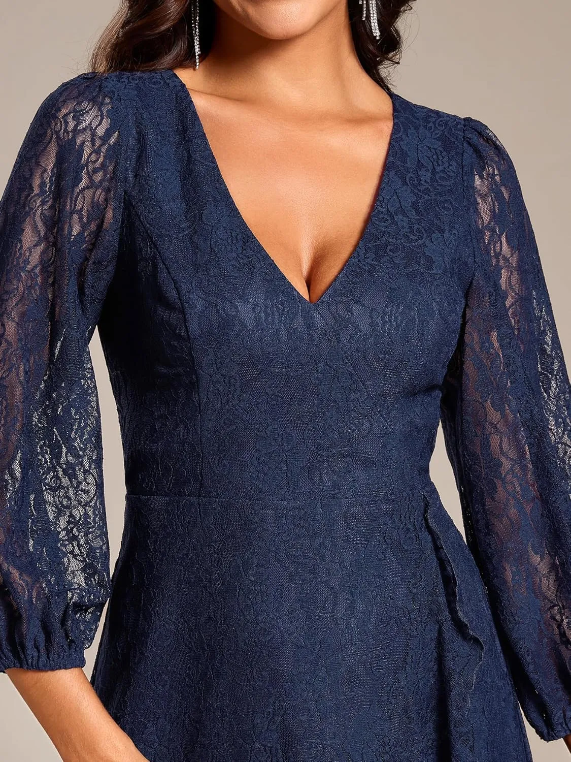 Ever-Pretty Women's Elegant V Neck Lace Long Sleeves A Line Ruffles Hem Midi Length Wedding Guest Dress 02238