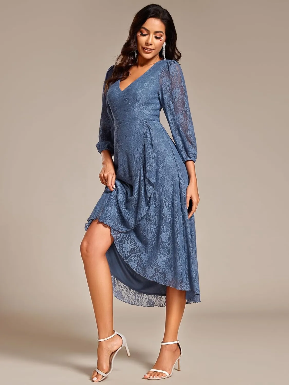 Ever-Pretty Women's Elegant V Neck Lace Long Sleeves A Line Ruffles Hem Midi Length Wedding Guest Dress 02238