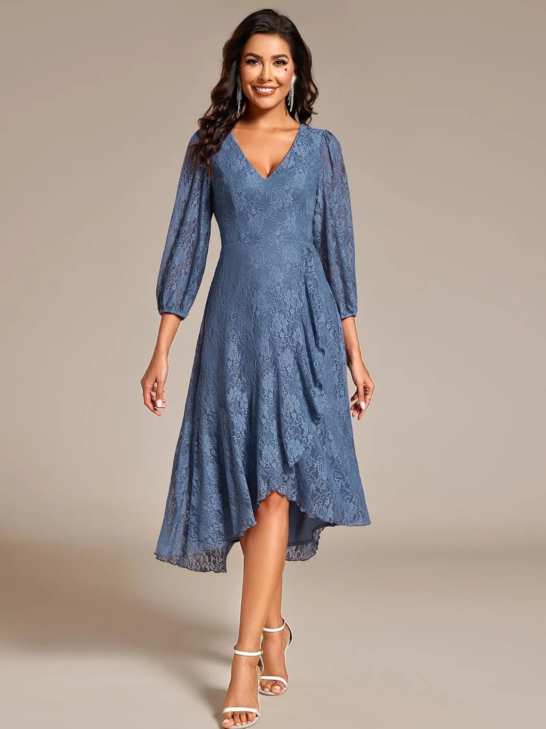 Ever-Pretty Women's Elegant V Neck Lace Long Sleeves A Line Ruffles Hem Midi Length Wedding Guest Dress 02238