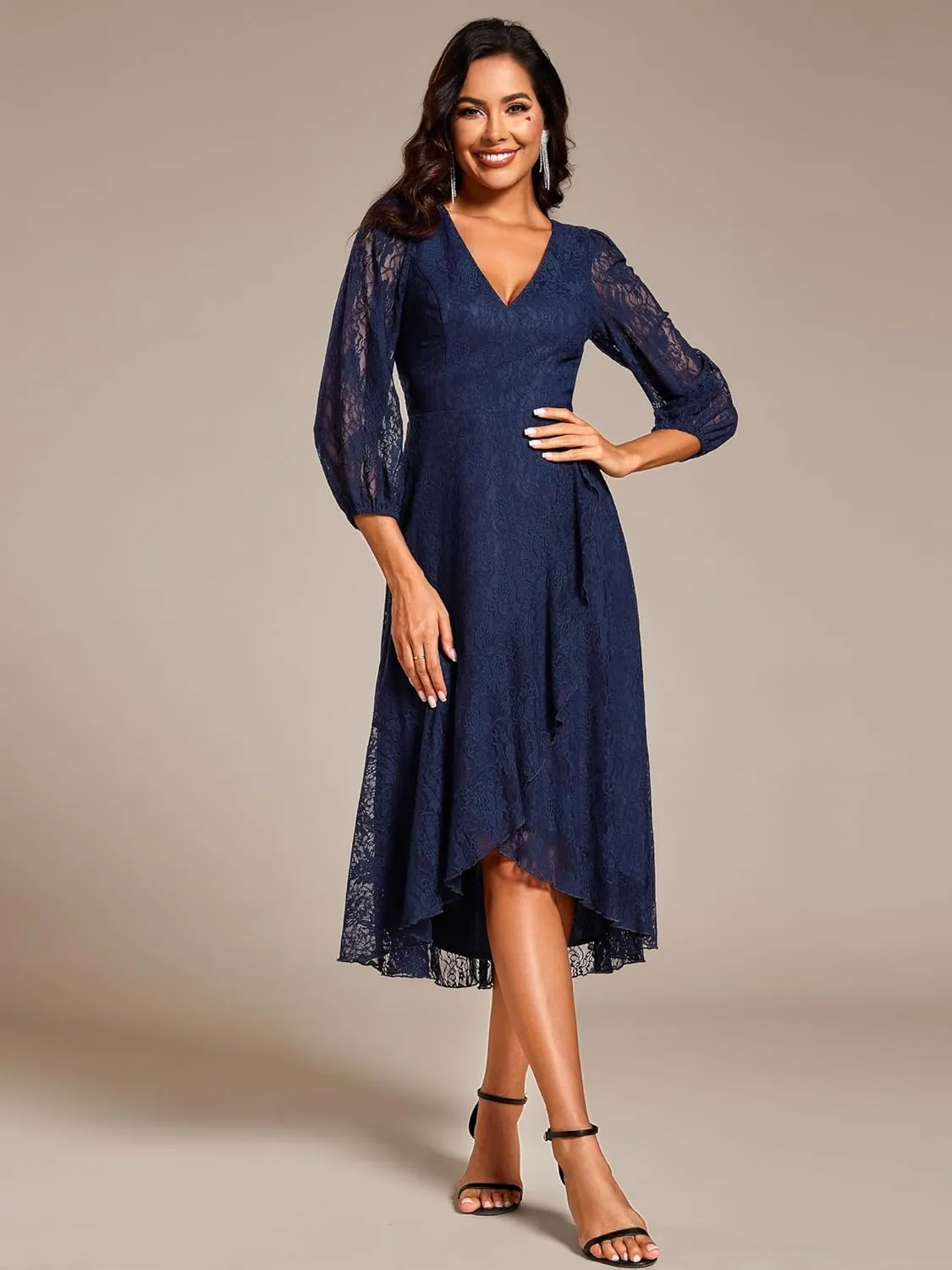 Ever-Pretty Women's Elegant V Neck Lace Long Sleeves A Line Ruffles Hem Midi Length Wedding Guest Dress 02238