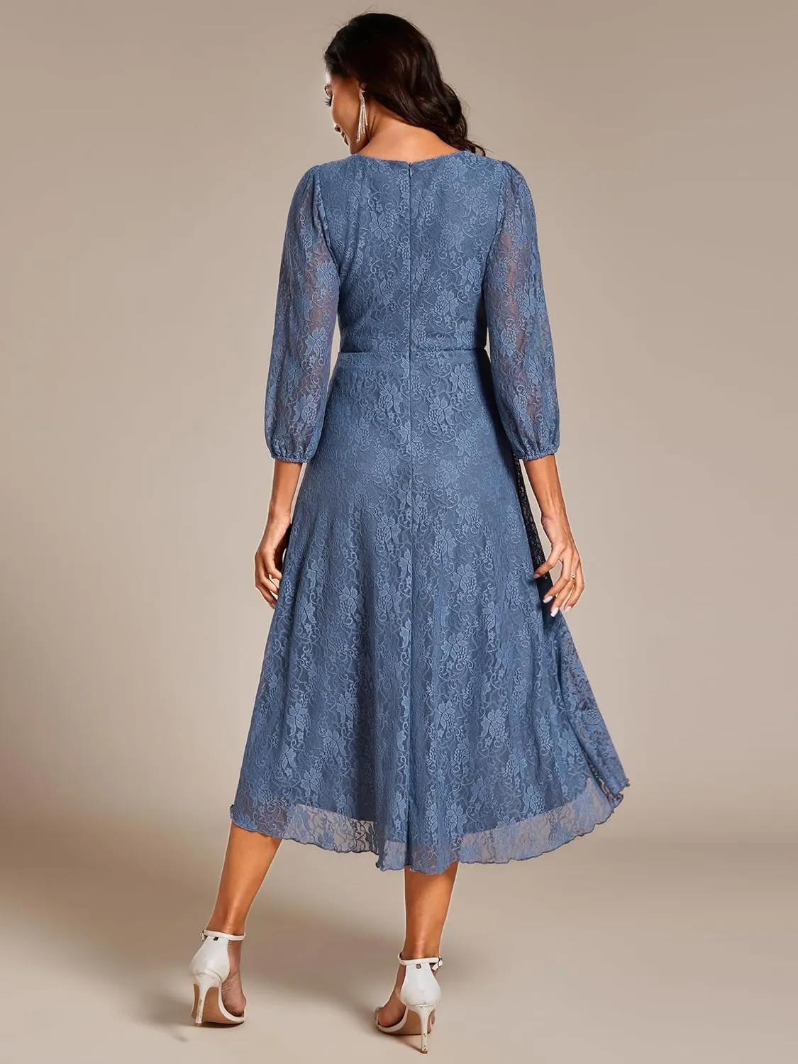 Ever-Pretty Women's Elegant V Neck Lace Long Sleeves A Line Ruffles Hem Midi Length Wedding Guest Dress 02238