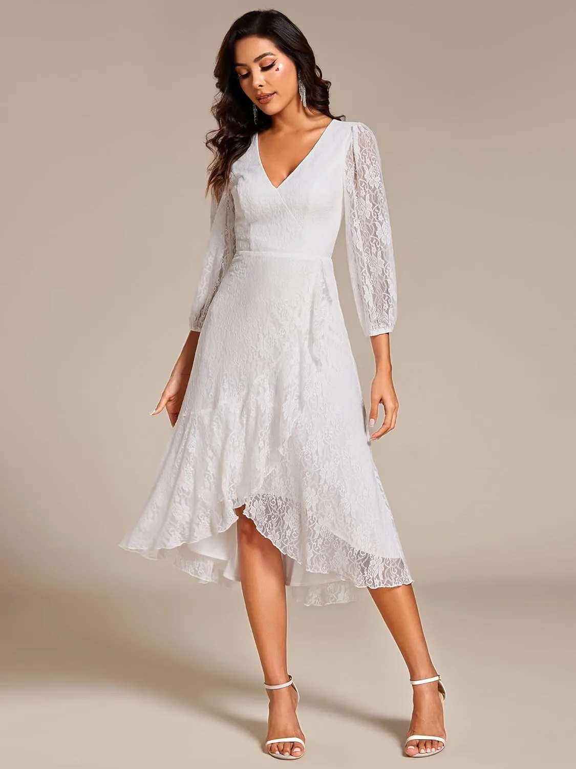 Ever-Pretty Women's Elegant V Neck Lace Long Sleeves A Line Ruffles Hem Midi Length Wedding Guest Dress 02238
