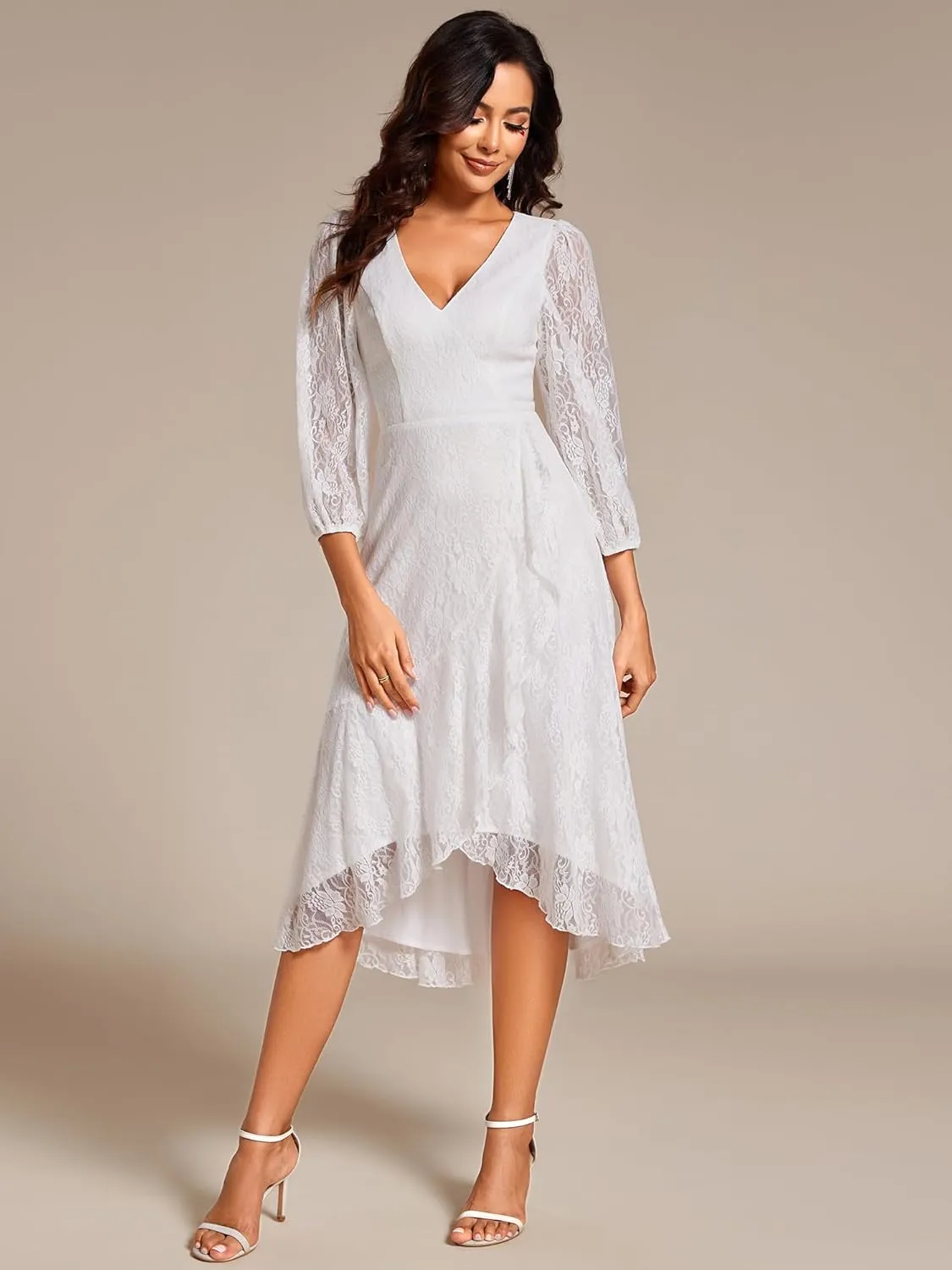 Ever-Pretty Women's Elegant V Neck Lace Long Sleeves A Line Ruffles Hem Midi Length Wedding Guest Dress 02238