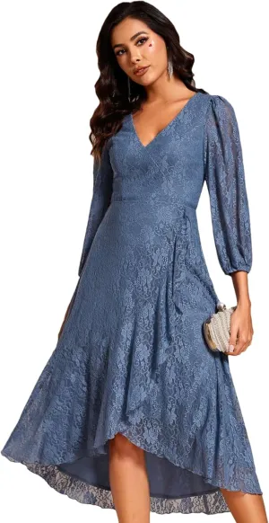 Ever-Pretty Women's Elegant V Neck Lace Long Sleeves A Line Ruffles Hem Midi Length Wedding Guest Dress 02238