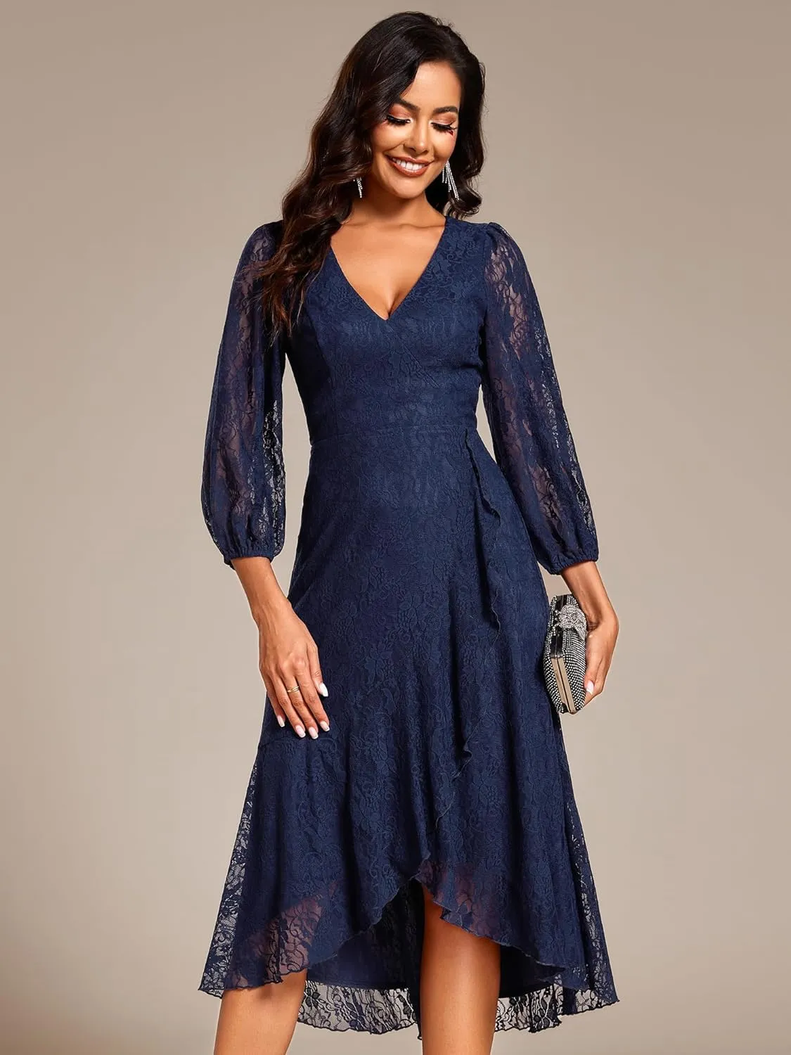 Ever-Pretty Women's Elegant V Neck Lace Long Sleeves A Line Ruffles Hem Midi Length Wedding Guest Dress 02238