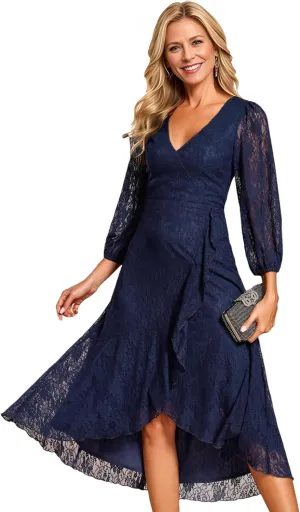 Ever-Pretty Women's Elegant V Neck Lace Long Sleeves A Line Ruffles Hem Midi Length Wedding Guest Dress 02238