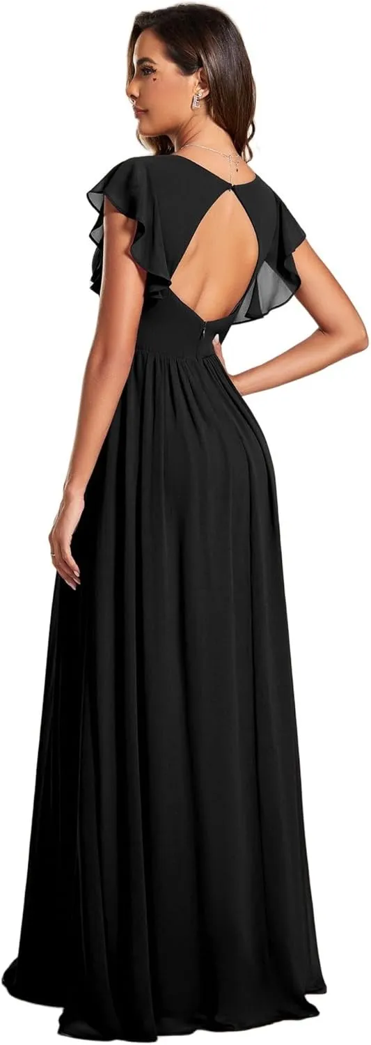 Ever-Pretty Women's Flowy Chiffon A Line Ruffles Sleeves Back Cutout Bridesmaid Dresses 01819