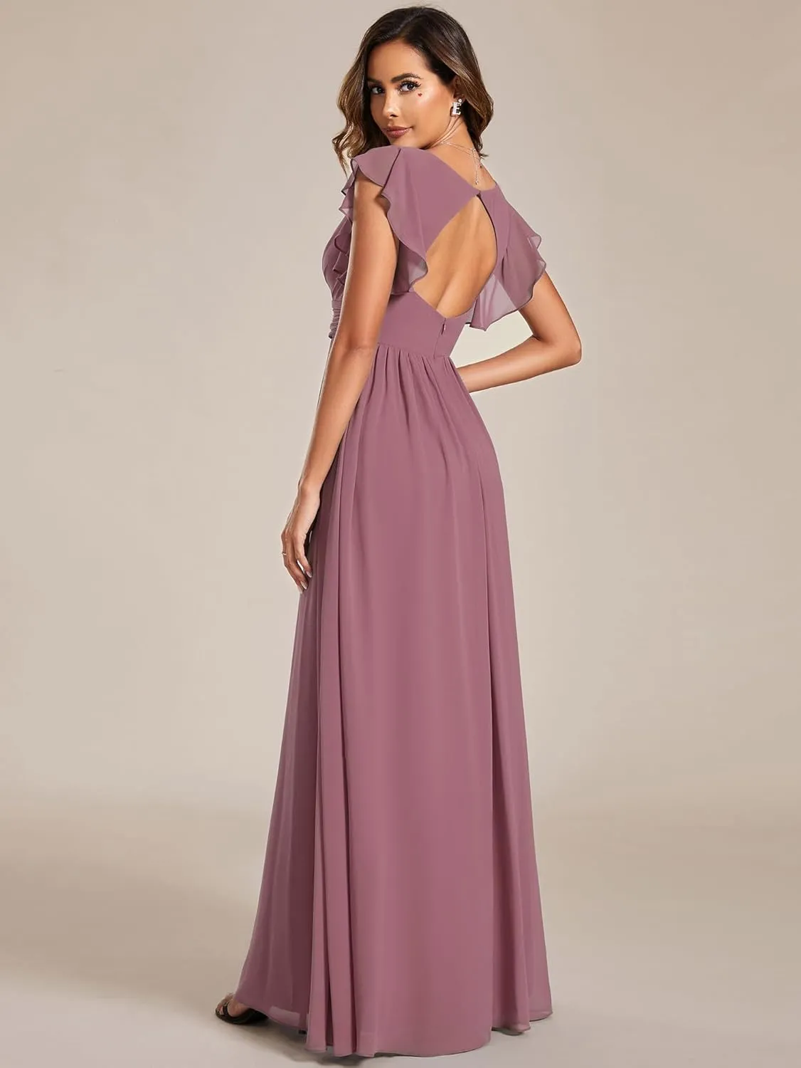 Ever-Pretty Women's Flowy Chiffon A Line Ruffles Sleeves Back Cutout Bridesmaid Dresses 01819