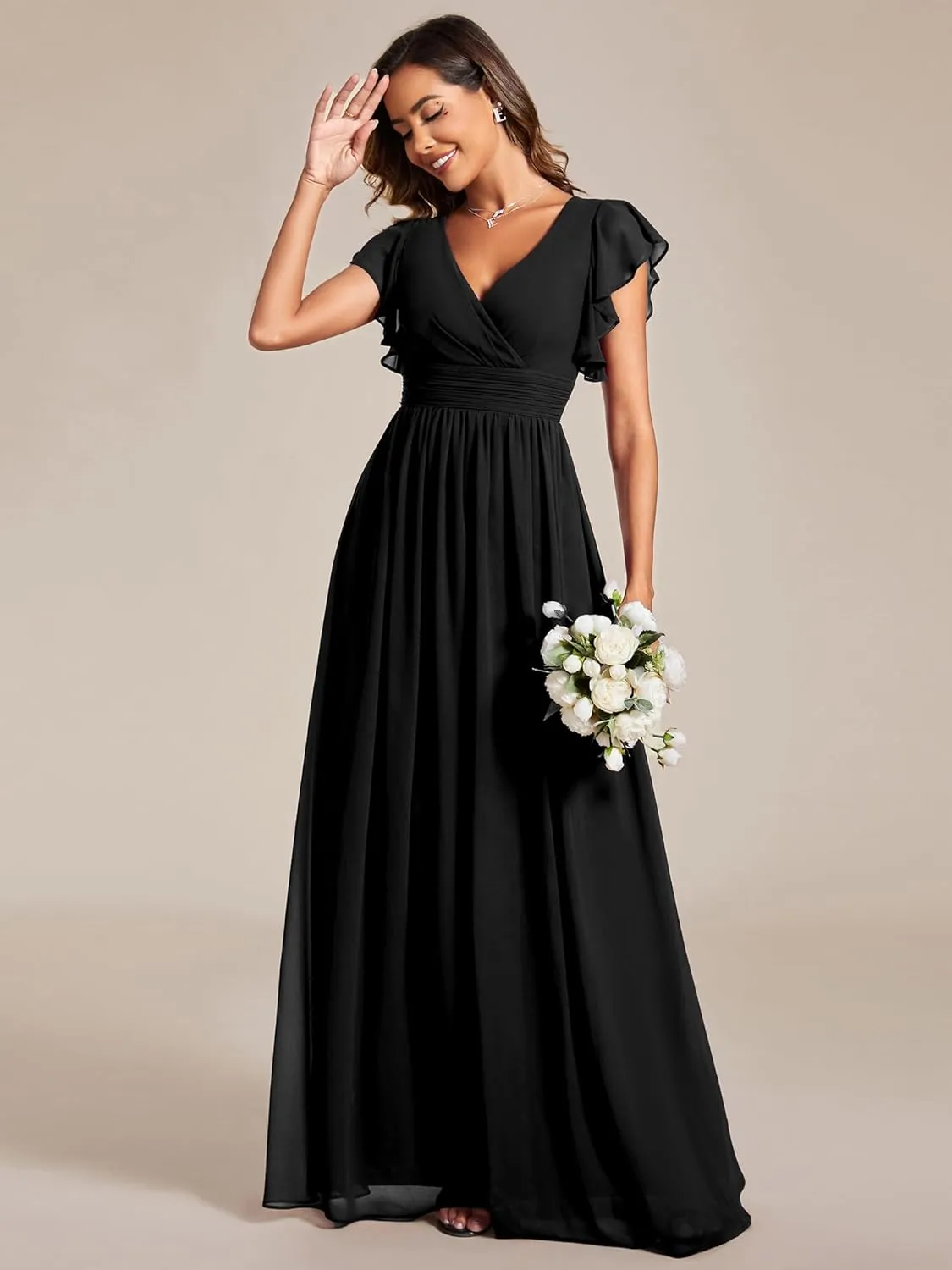 Ever-Pretty Women's Flowy Chiffon A Line Ruffles Sleeves Back Cutout Bridesmaid Dresses 01819