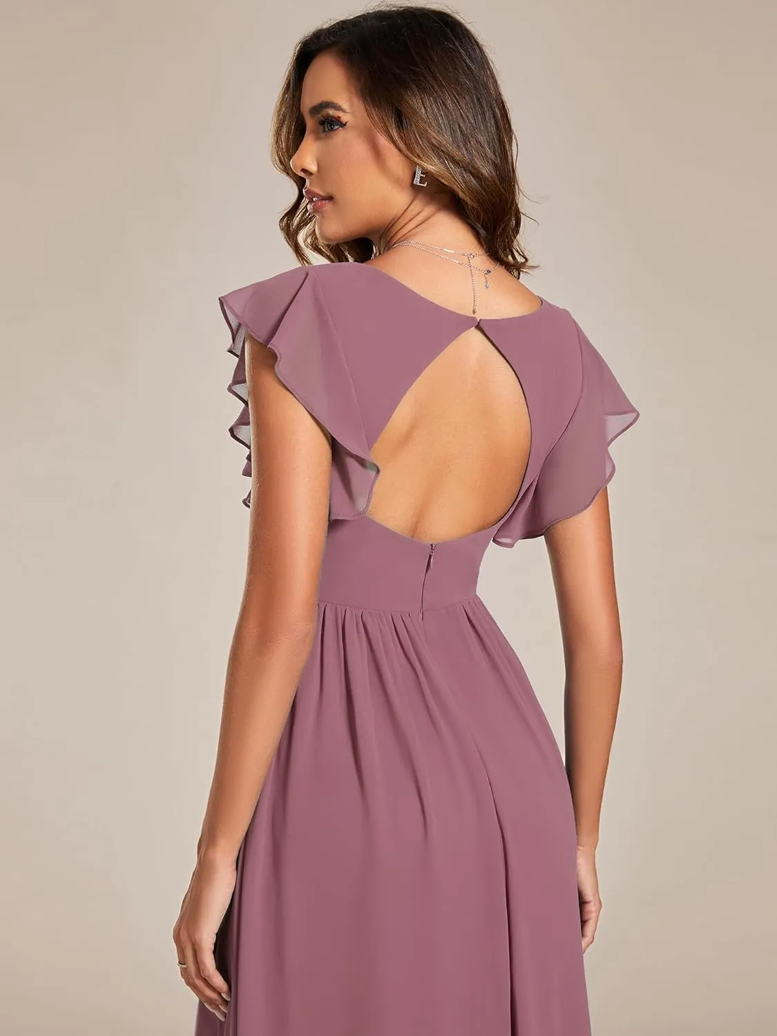 Ever-Pretty Women's Flowy Chiffon A Line Ruffles Sleeves Back Cutout Bridesmaid Dresses 01819