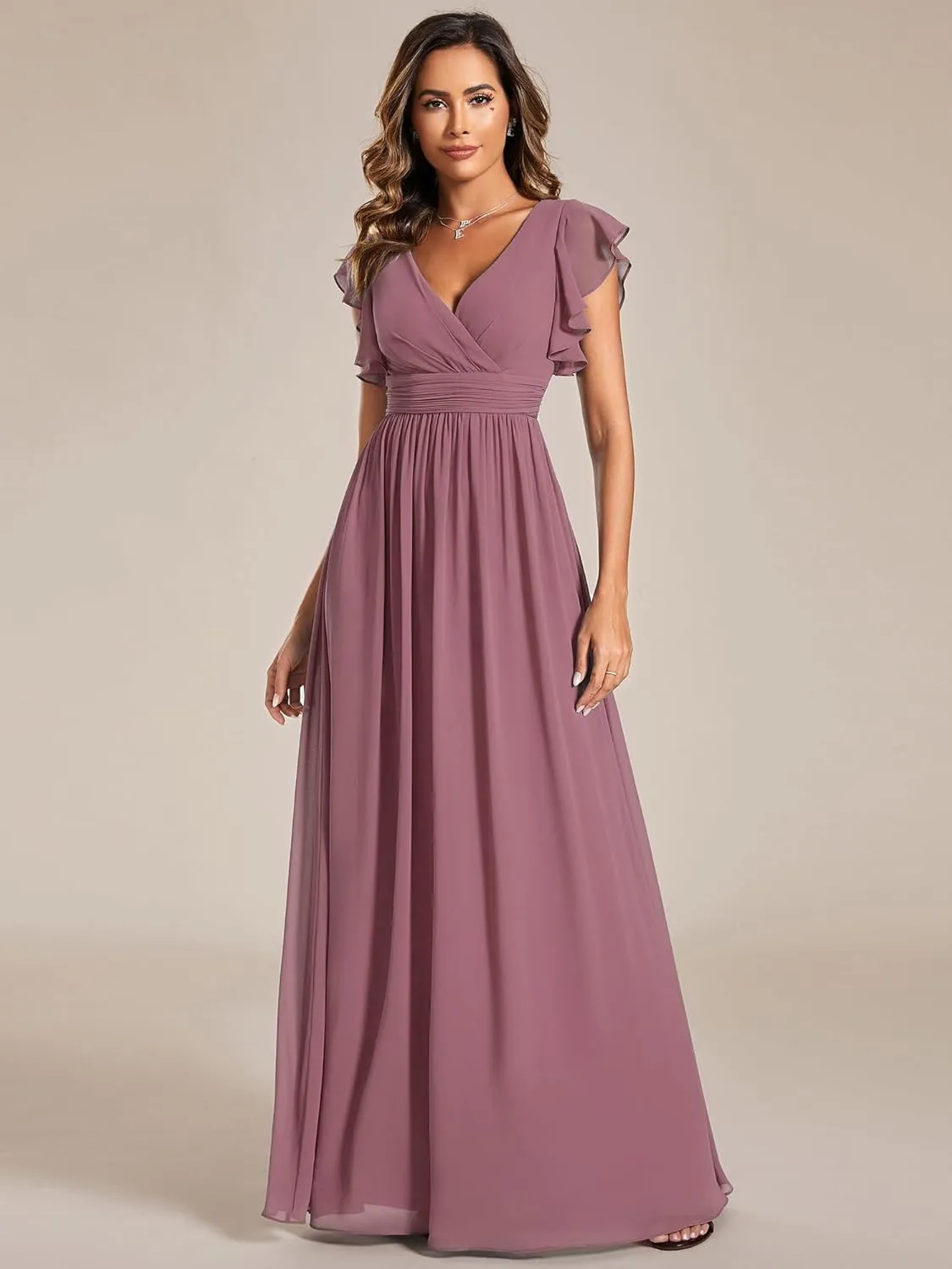 Ever-Pretty Women's Flowy Chiffon A Line Ruffles Sleeves Back Cutout Bridesmaid Dresses 01819