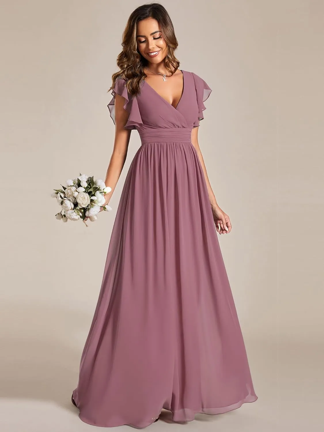 Ever-Pretty Women's Flowy Chiffon A Line Ruffles Sleeves Back Cutout Bridesmaid Dresses 01819