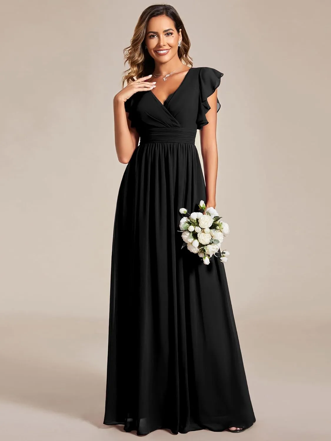 Ever-Pretty Women's Flowy Chiffon A Line Ruffles Sleeves Back Cutout Bridesmaid Dresses 01819